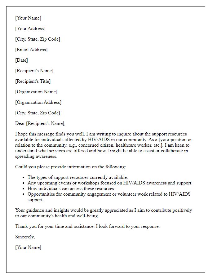 Letter template of inquiry about HIV/AIDS support resources.