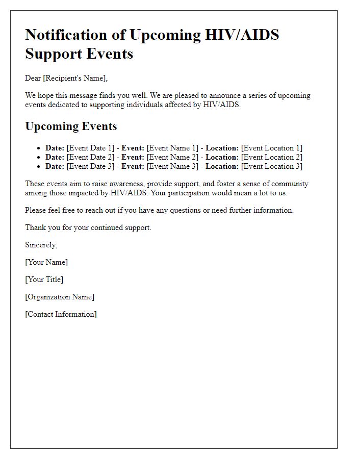 Letter template of notification for upcoming HIV/AIDS support events.