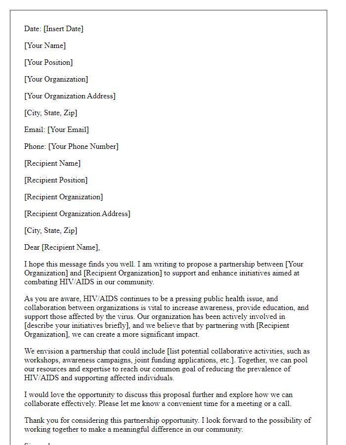 Letter template of partnership proposal for HIV/AIDS support initiatives.