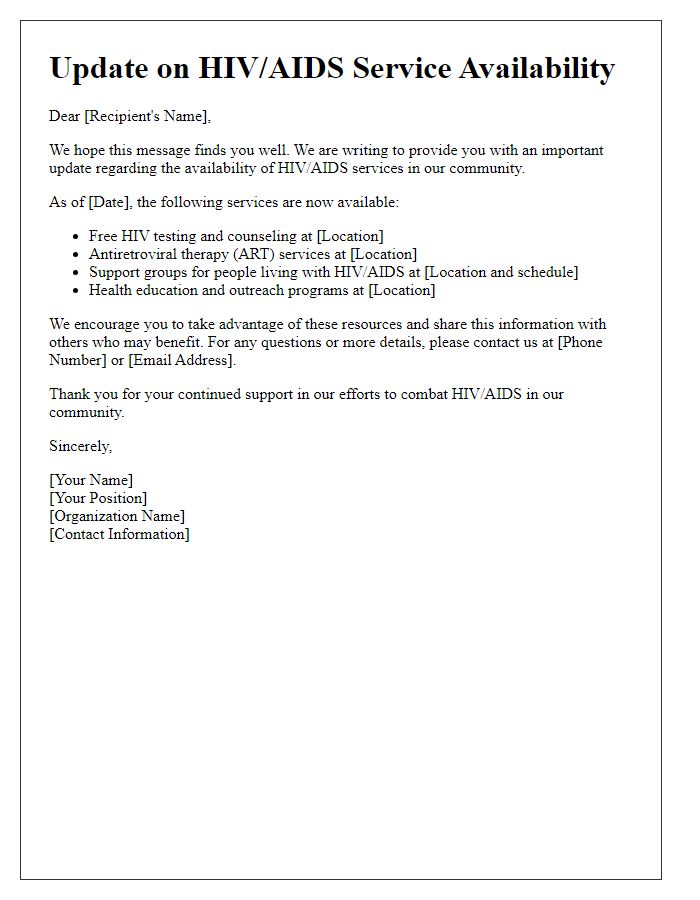 Letter template of update on HIV/AIDS service availability.