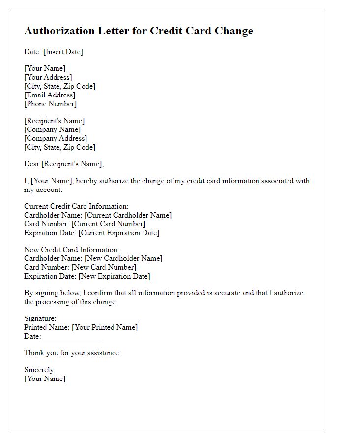 Letter template of authorization for credit card change