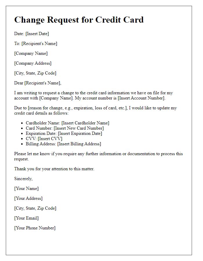 Letter template of change request for credit card on file