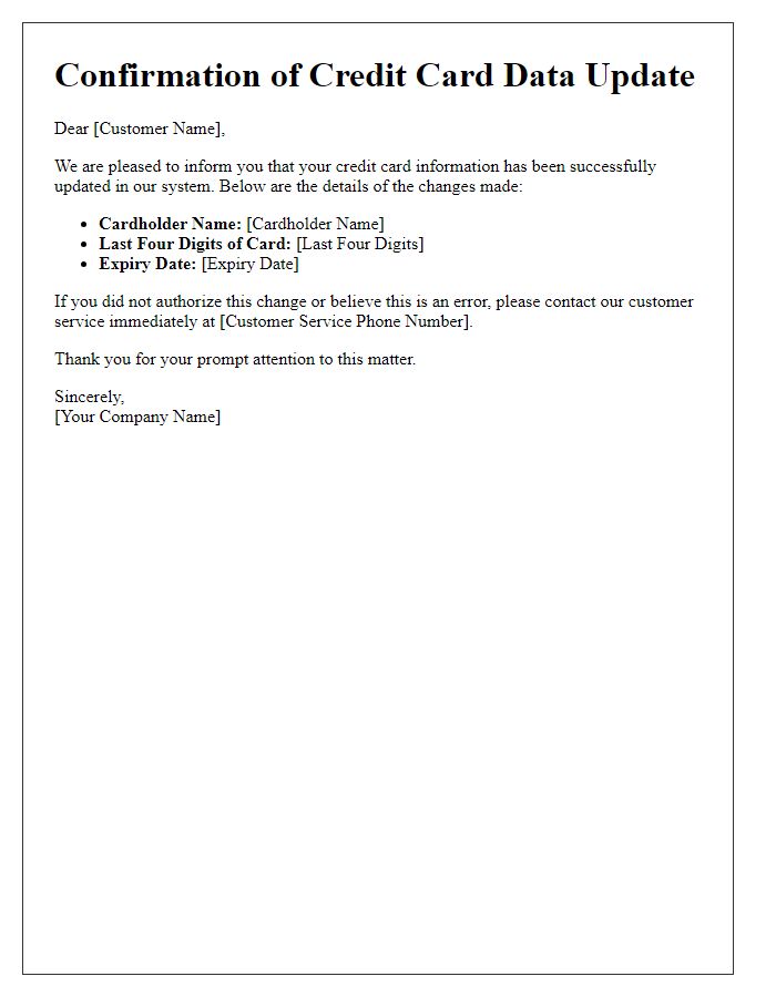 Letter template of confirmation for credit card data update
