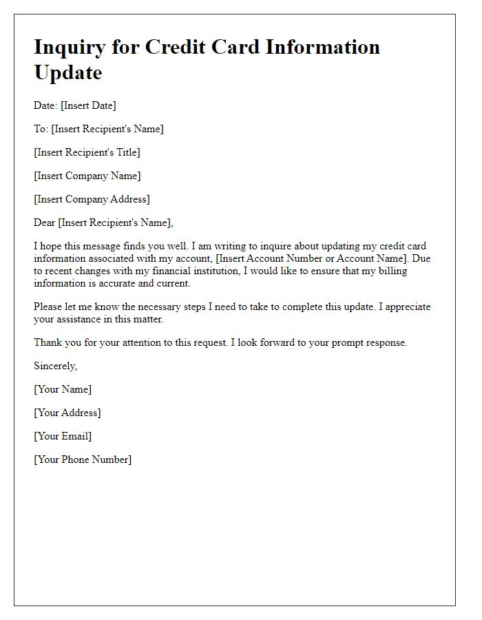 Letter template of inquiry for credit card information update