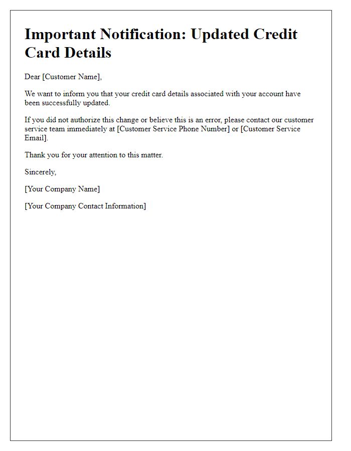 Letter template of notification for updated credit card details