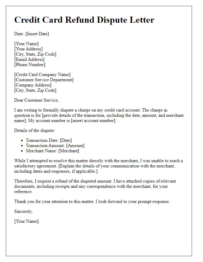 Letter template of credit card refund dispute