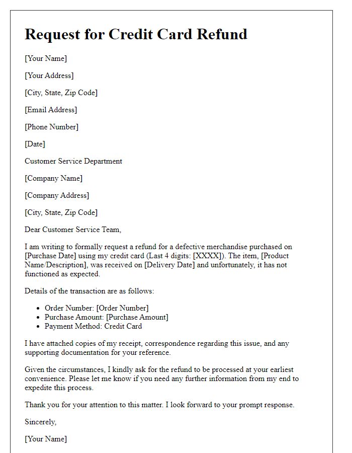 Letter template of credit card refund request for defective merchandise