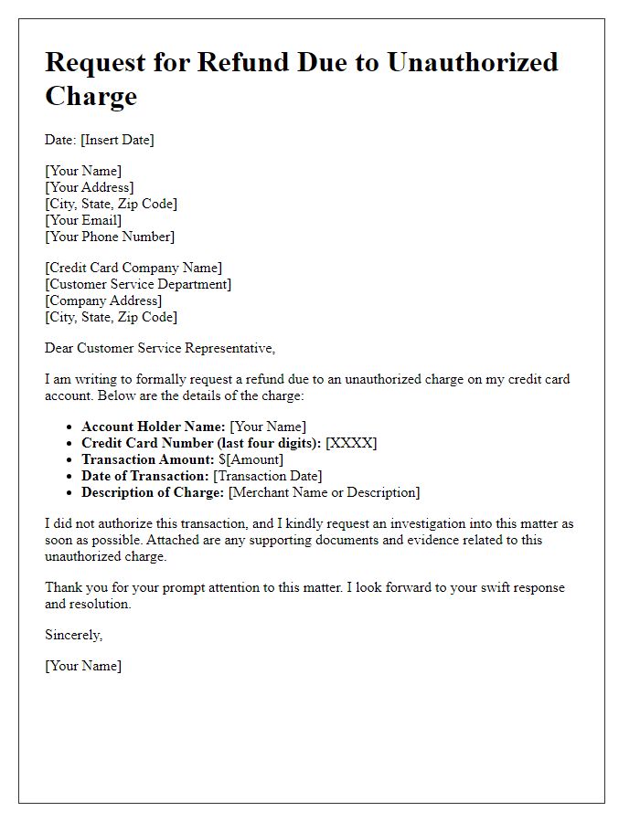 Letter template of credit card refund for unauthorized charge