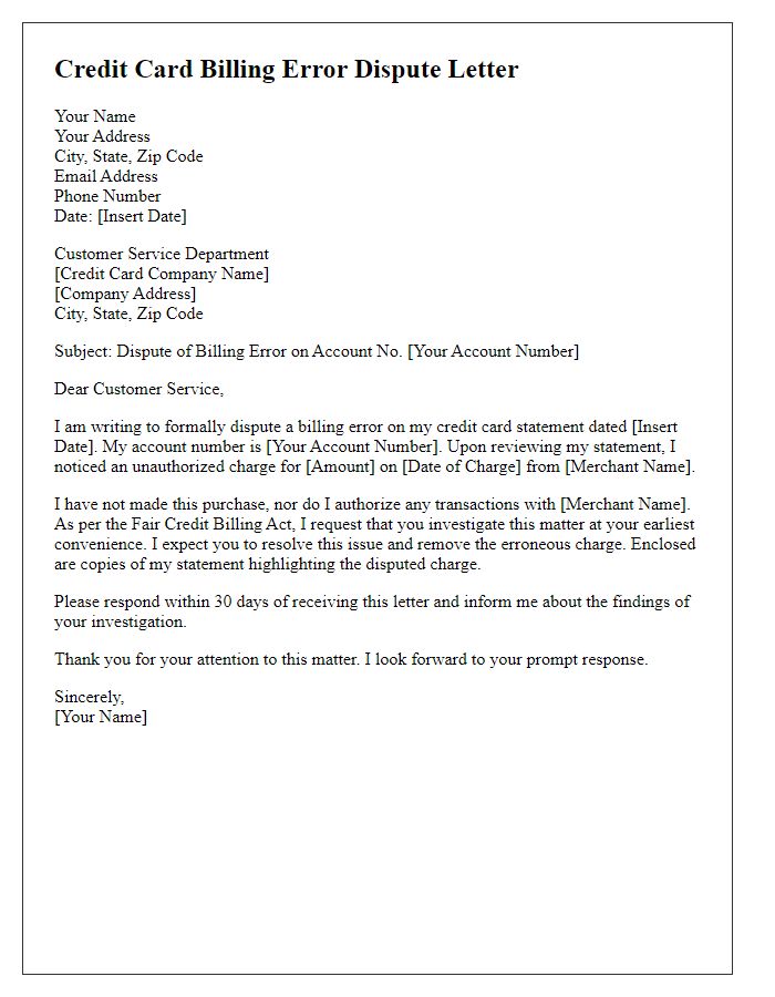 Letter template of credit card billing error dispute