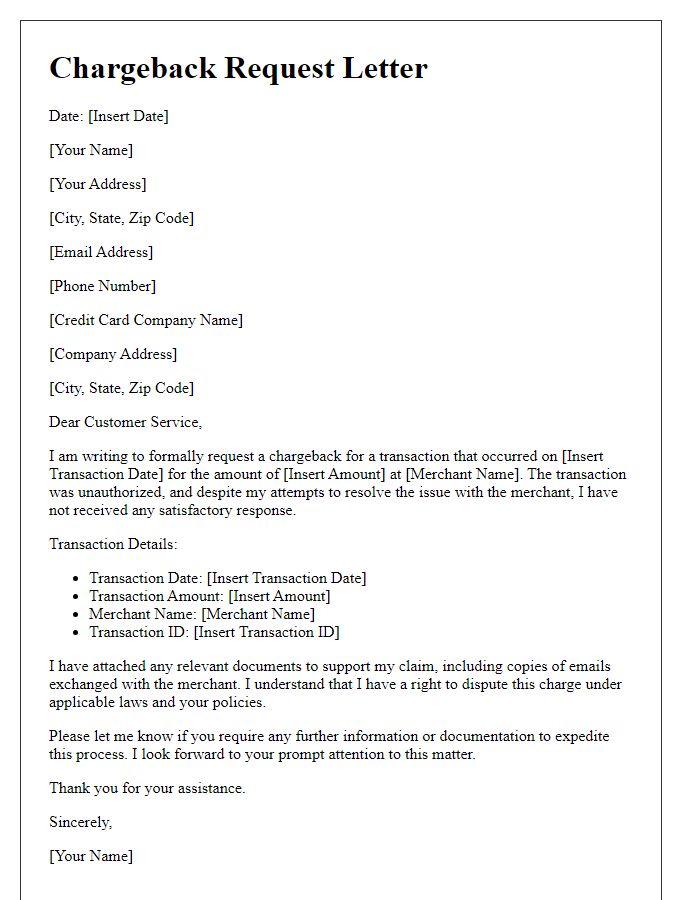 Letter template of credit card chargeback request