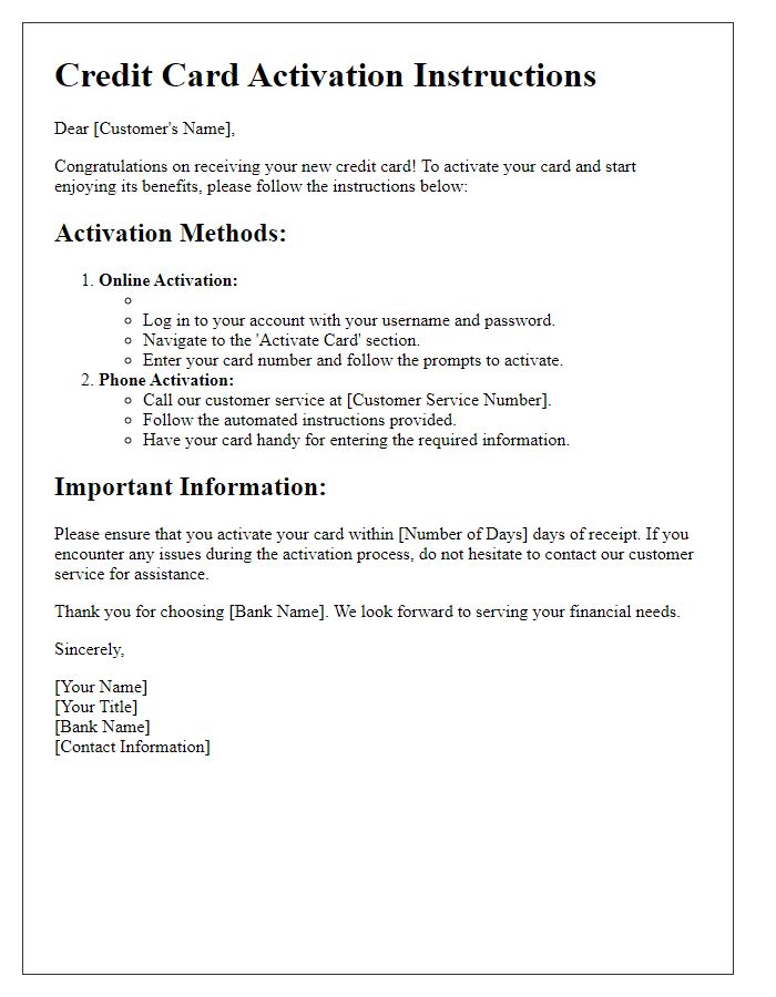 Letter template of comprehensive credit card activation instructions.