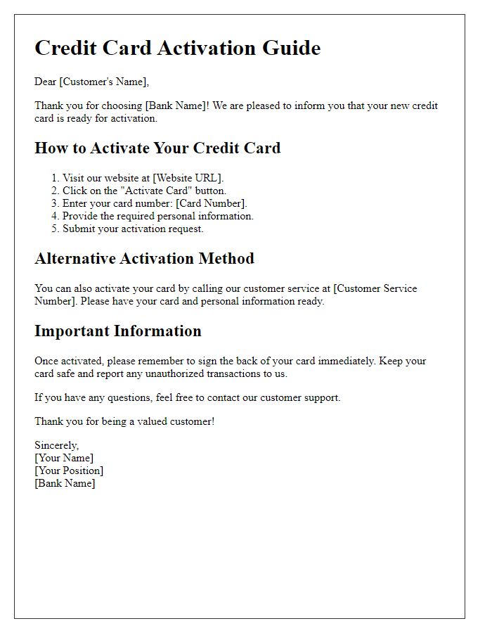 Letter template of credit card activation guide.