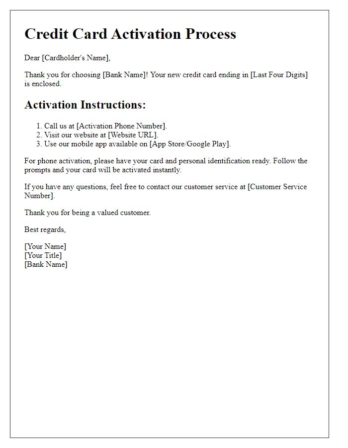 Letter template of credit card activation process details.