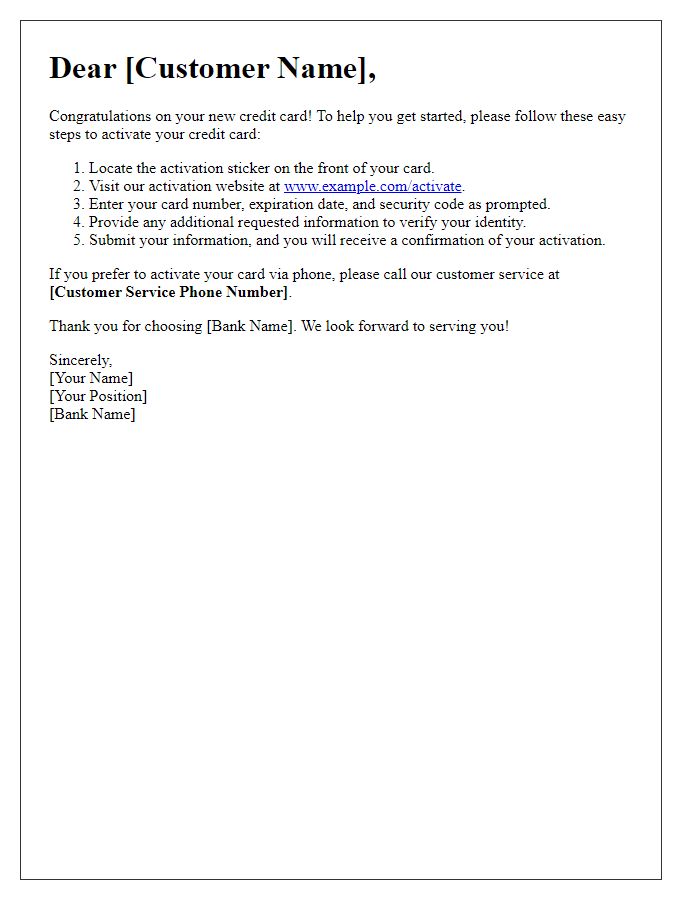 Letter template of easy steps for credit card activation.