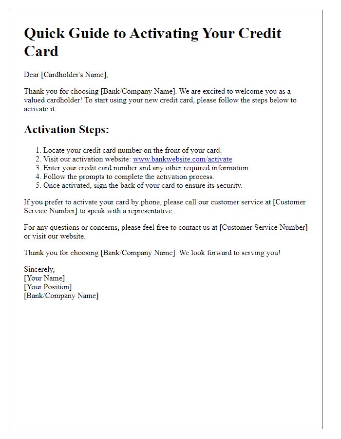 Letter template of quick guide to activating your credit card.