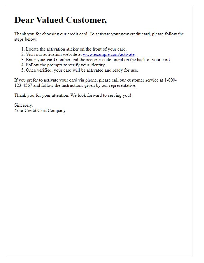 Letter template of steps to activate your credit card.