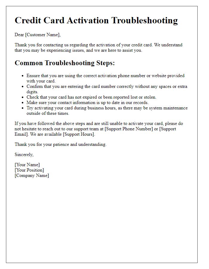 Letter template of troubleshooting credit card activation.