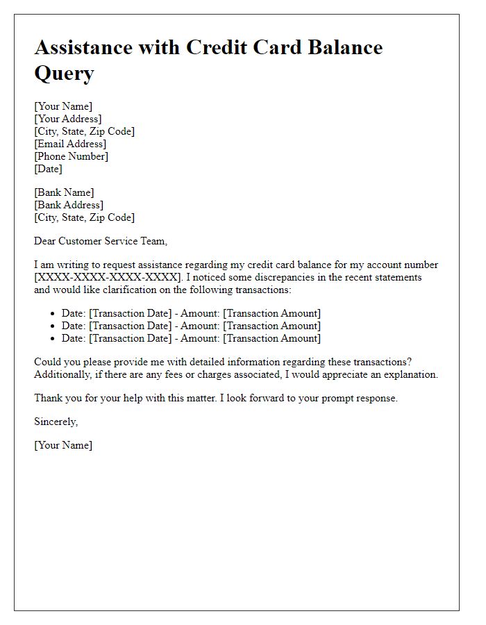 Letter template of assistance with credit card balance query