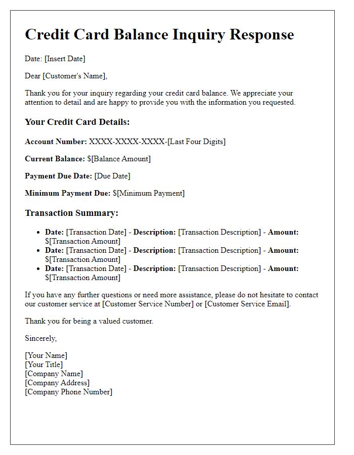 Letter template of detailed credit card balance response