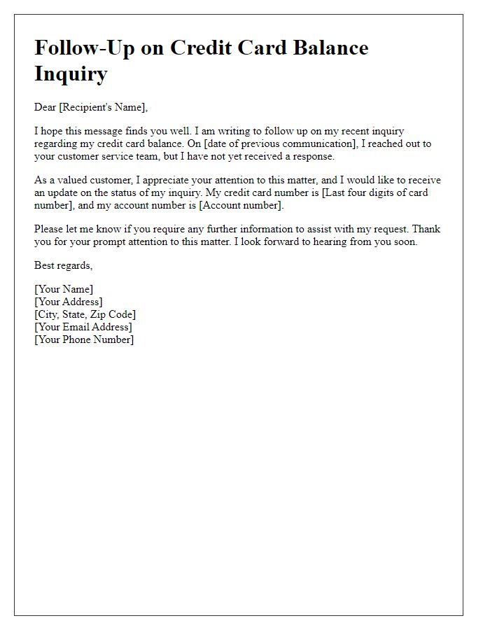 Letter template of follow-up on credit card balance inquiry