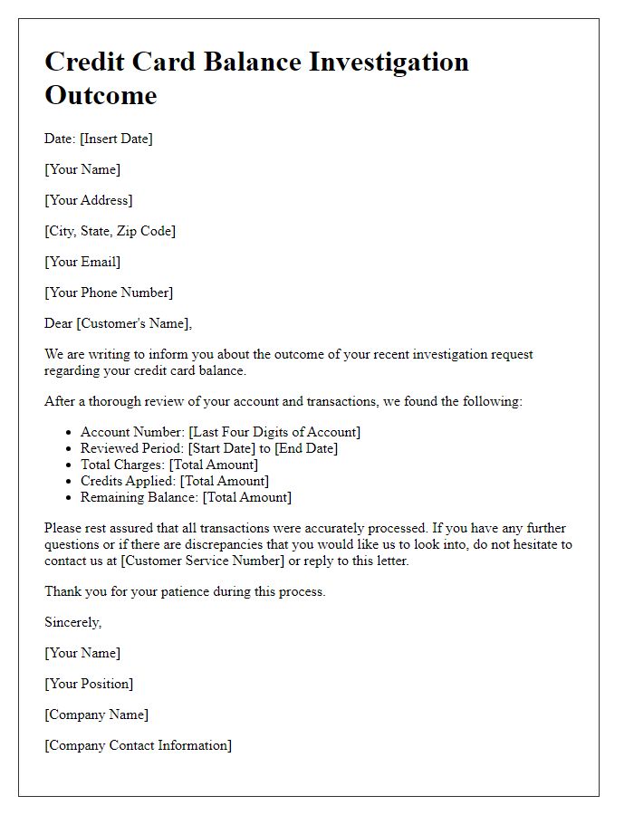 Letter template of outcome for credit card balance investigation