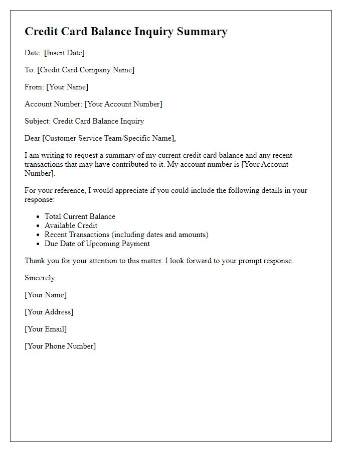 Letter template of summary for credit card balance inquiry