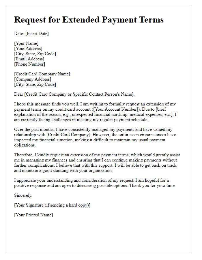 Letter template of appeal for extended payment terms on credit card