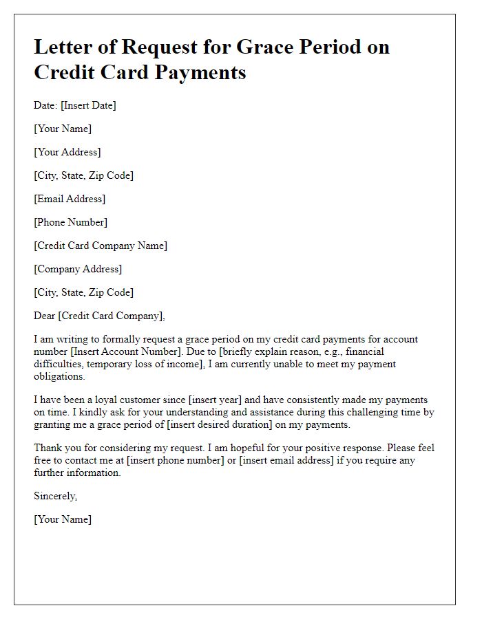 Letter template of demand for a grace period on credit card payments