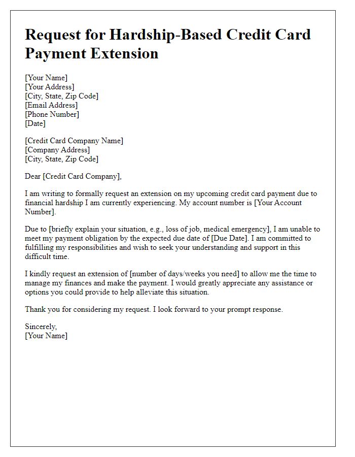 Letter template of request for hardship-based credit card payment extension