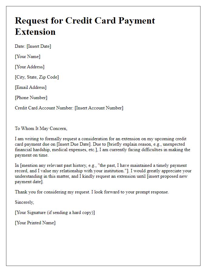 Letter template of submission for credit card payment extension consideration