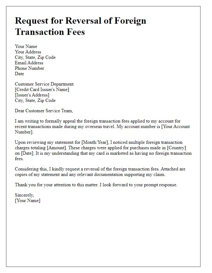 Letter template of appeal for reversal of foreign transaction fees