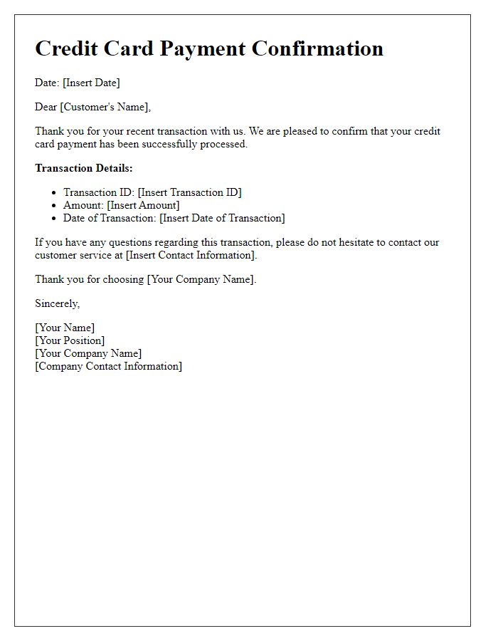 Letter template of acceptance for credit card payment confirmation