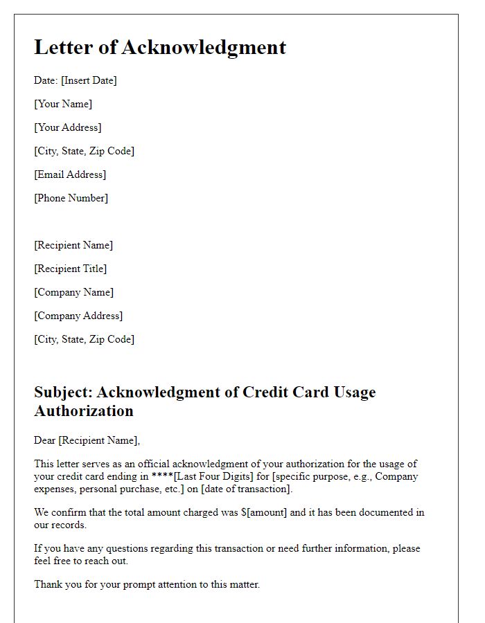 Letter template of acknowledgment for credit card usage authorization