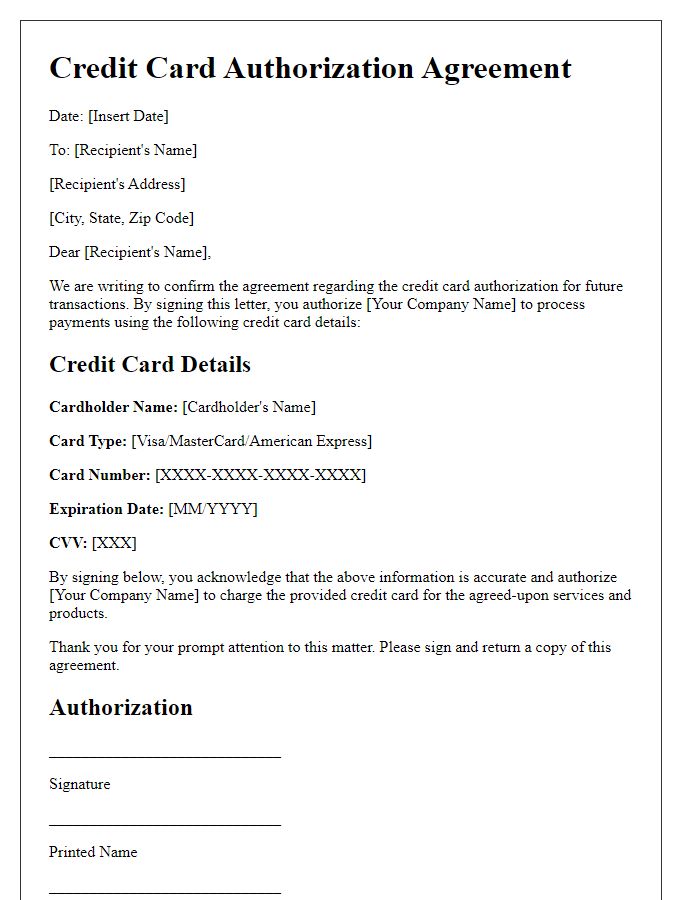 Letter template of agreement on credit card authorization details