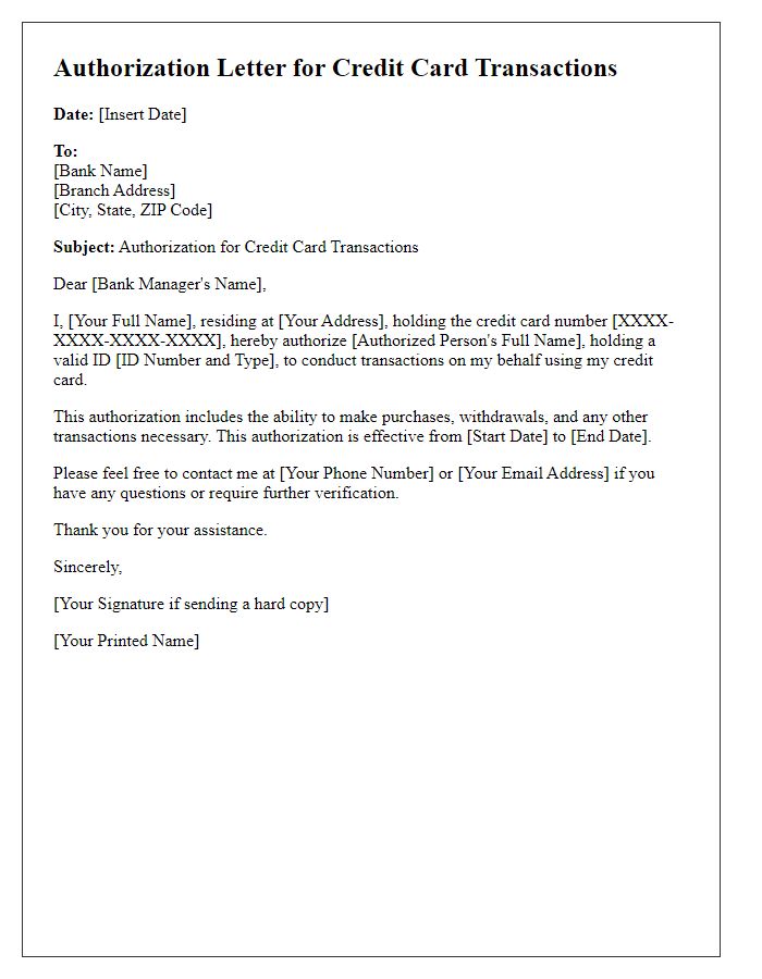 Letter template of authorization letter for credit card transactions