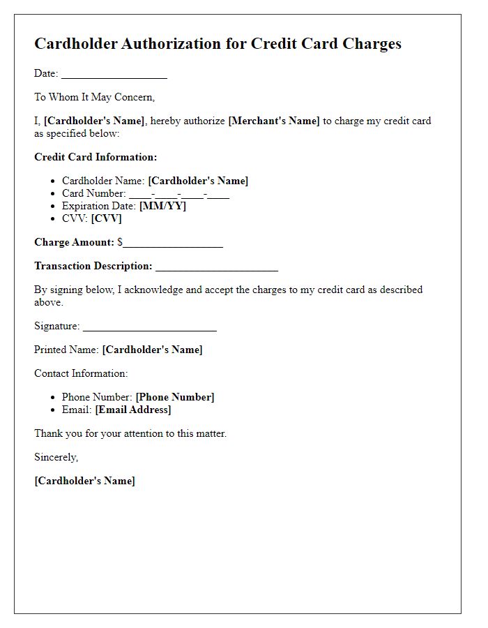 Letter template of cardholder authorization for credit card charges