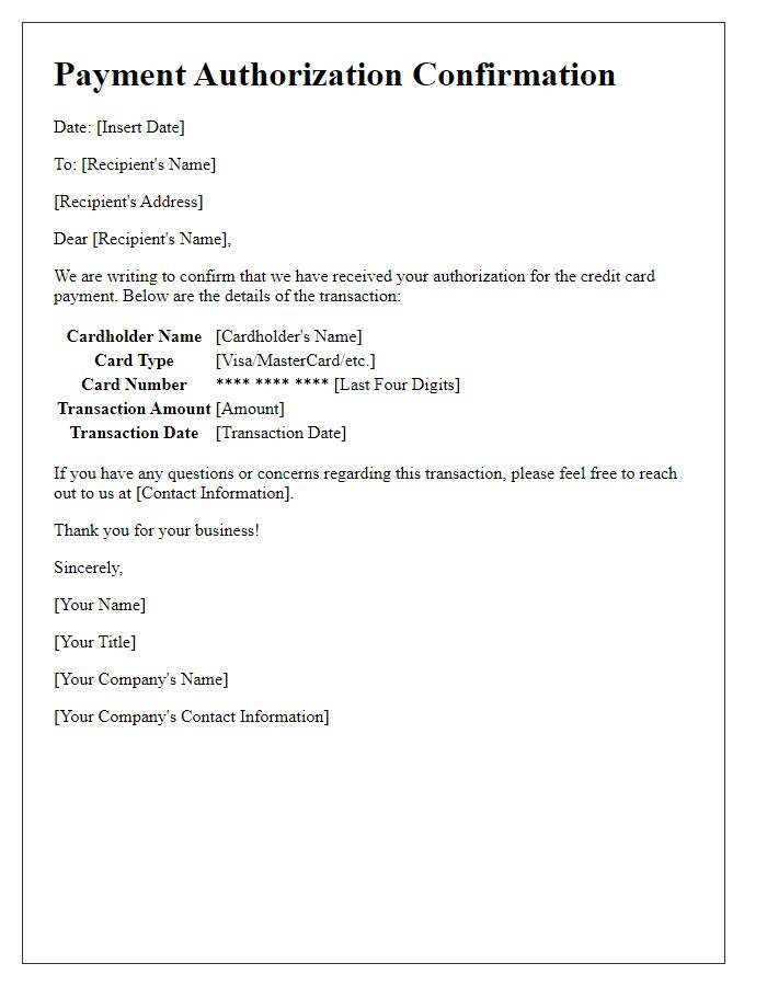 Letter template of confirmation for credit card payment authorization