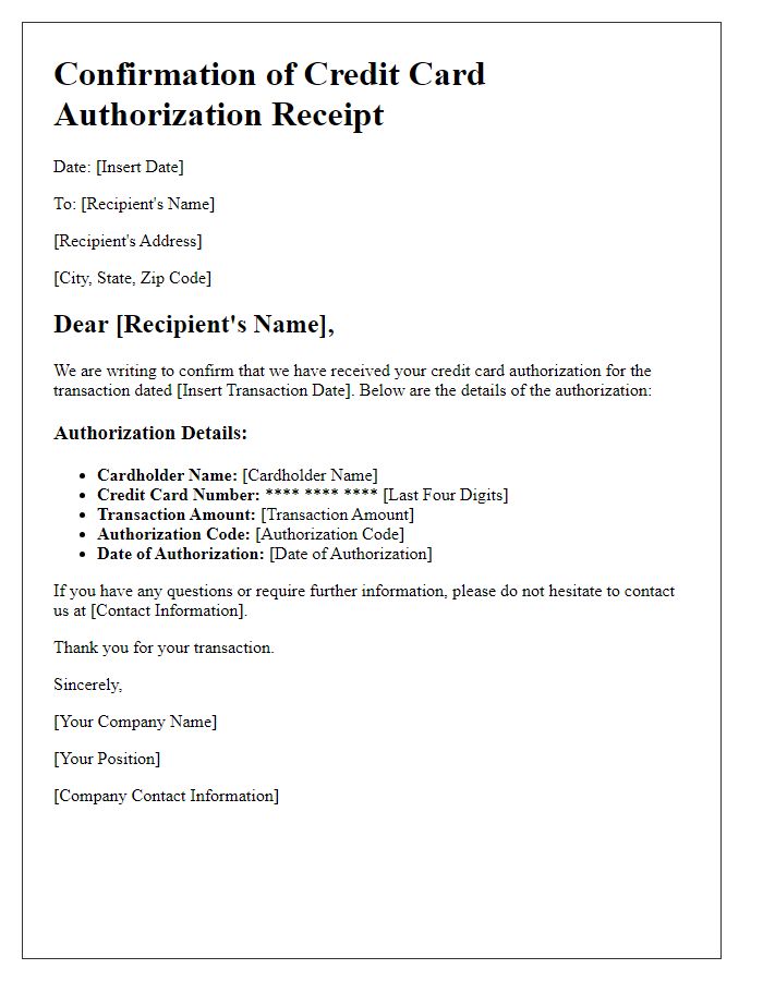 Letter template of confirmation receipt for credit card authorization