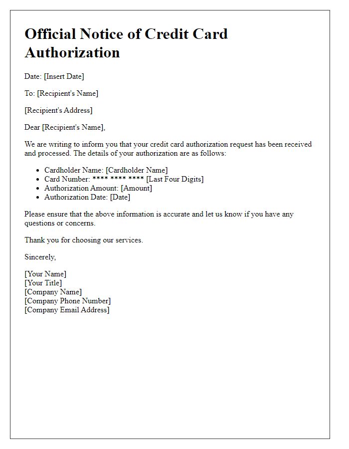 Letter template of official notice for credit card authorization