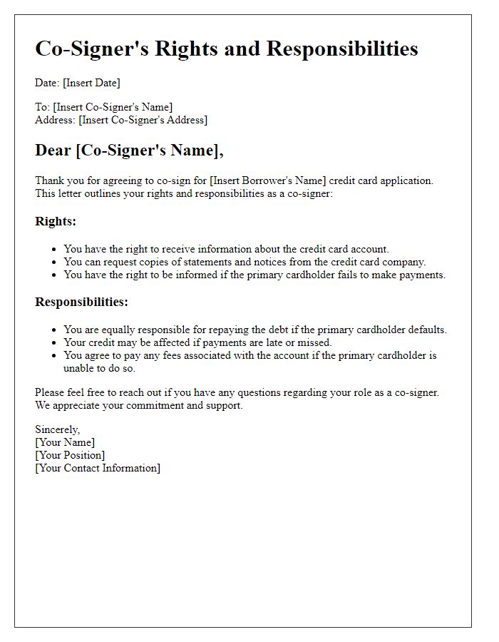 Letter template of Co-Signers Rights and Responsibilities for Credit Card