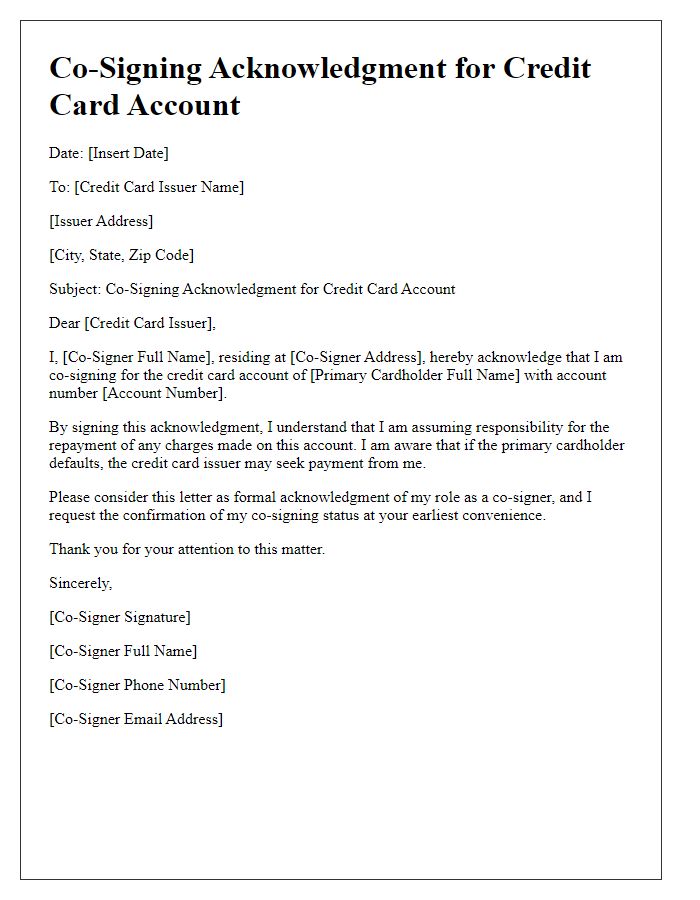 Letter template of Co-Signing Acknowledgment for Credit Card Account