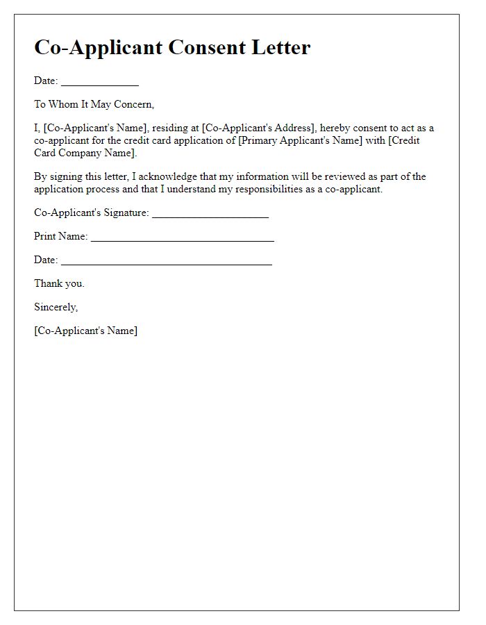 Letter template of Credit Card Co-Applicant Consent