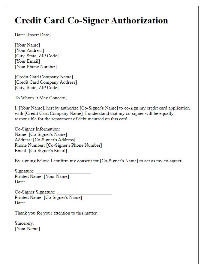 Letter template of Credit Card Co-Signer Authorization