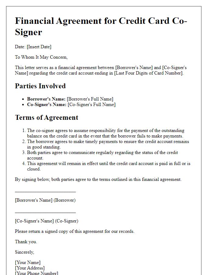 Letter template of Financial Agreement for Credit Card Co-Signer