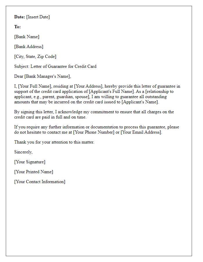 Letter template of Letter of Guarantee for Credit Card