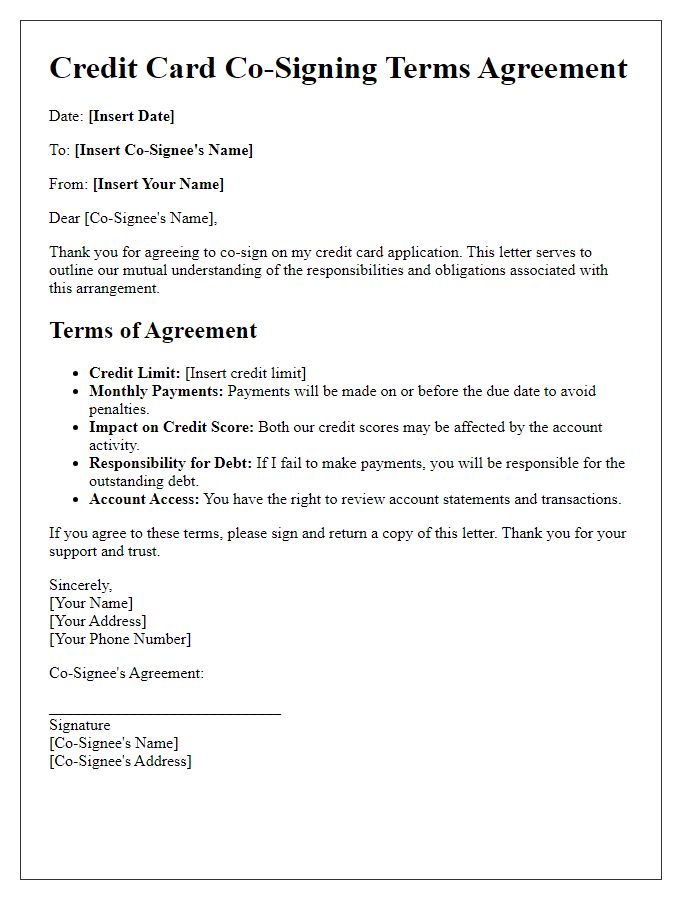 Letter template of Understanding Credit Card Co-Signing Terms