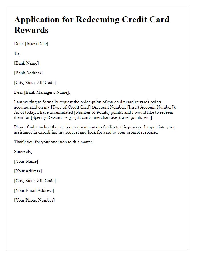 Letter template of application for redeeming credit card rewards