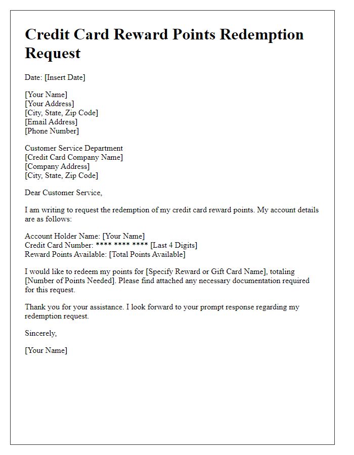 Letter template of credit card reward points redemption request