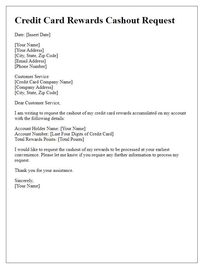 Letter template of credit card rewards cashout request