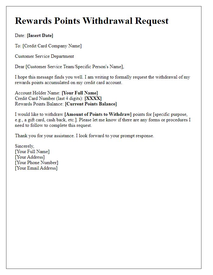 Letter template of rewards points withdrawal from credit card